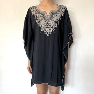 Embroidered coverup rayon blend navy tunic top lace trim unique - S